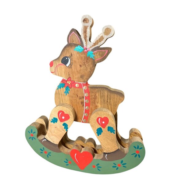 Handcrafted Wooden Rocking Reindeer Decoration With Festive Painted Details - Picture 6 of 10